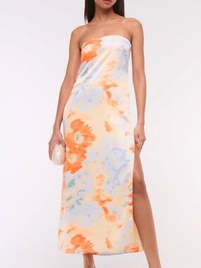 Abercrombie & Fitch Strapless Floral Satin Maxi Dress in Peach and Orange